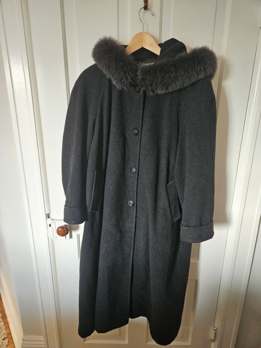 Vintage Hannah Wool Cashmere Maxi Coat Real Fur Hood Charcoal Made in Canada